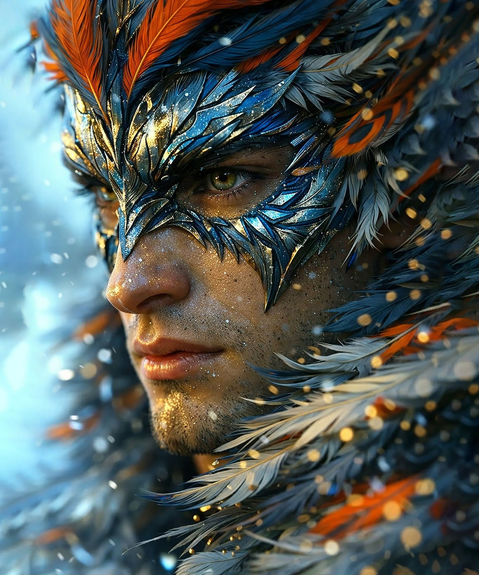 Fiery Feathered Mask: Winter Warrior