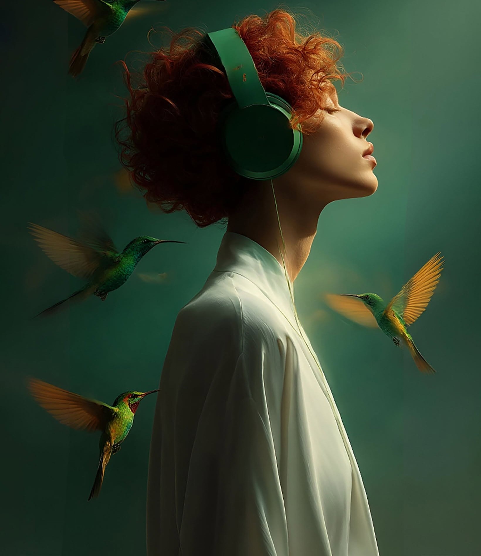 Emerald Dream Redhead, Hummingbirds, Fashion Editorial