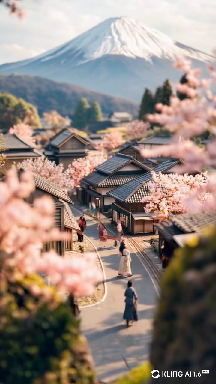 Tranquil Japanese Diorama: Fuji & Blossoms