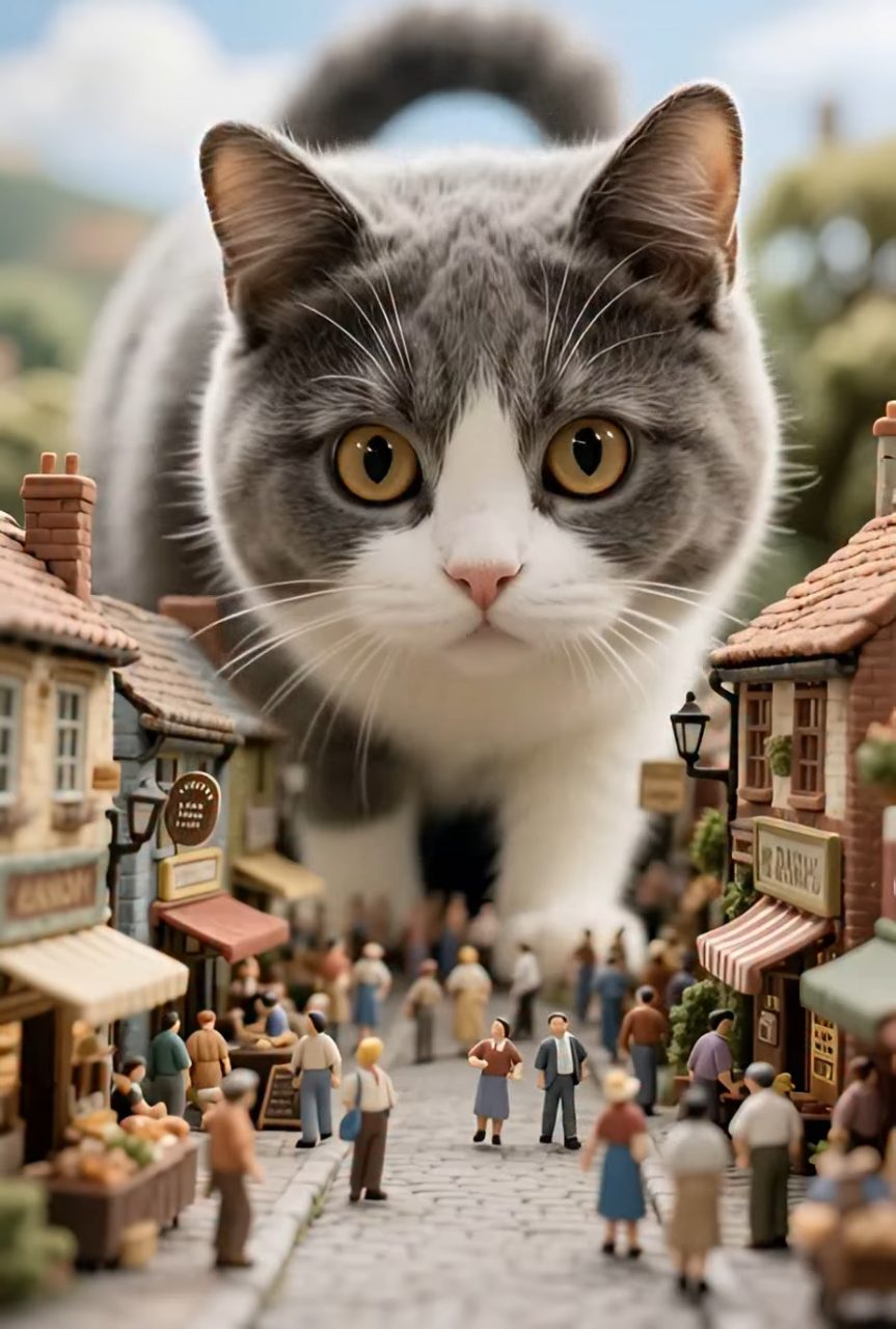 Wonderstruck Cat Over Miniature Lilliputian Village
