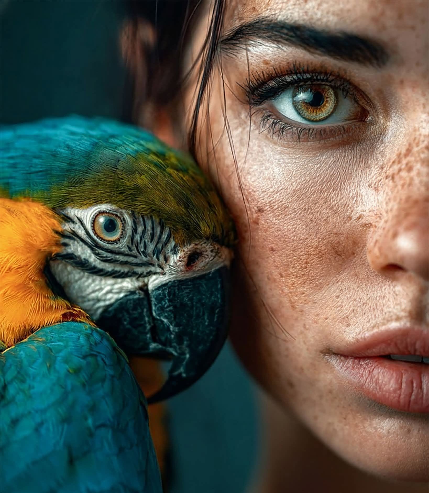 Freckled Woman & Macaw: Intimate Cinematic Portrait