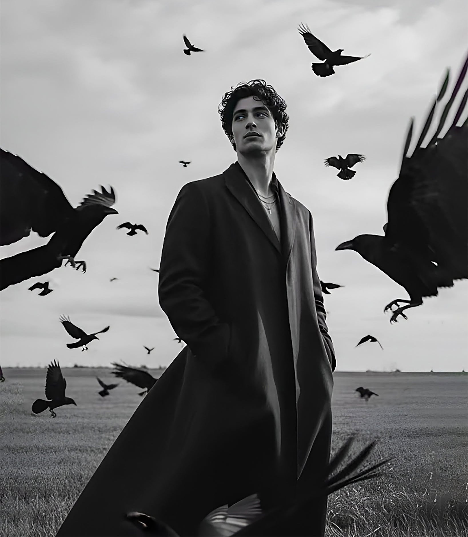 Moody Black and White Portrait: Man and Crows