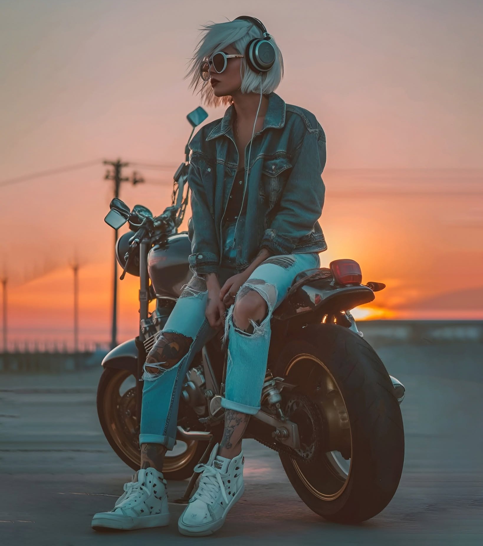 Cyberpunk Fashion Cafe Racer Sunset