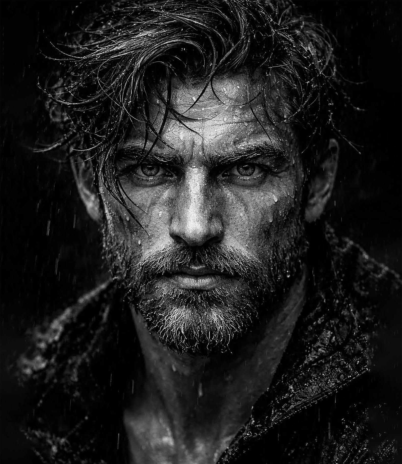 Intense Rugged Man Rain Noir