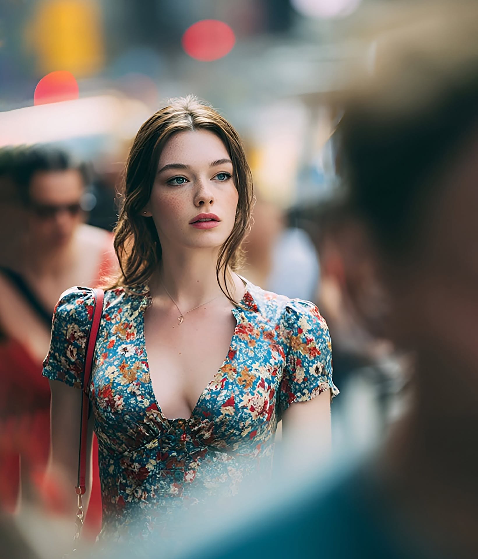 Floral City Stroll: Cinematic Bokeh, Urban Woman