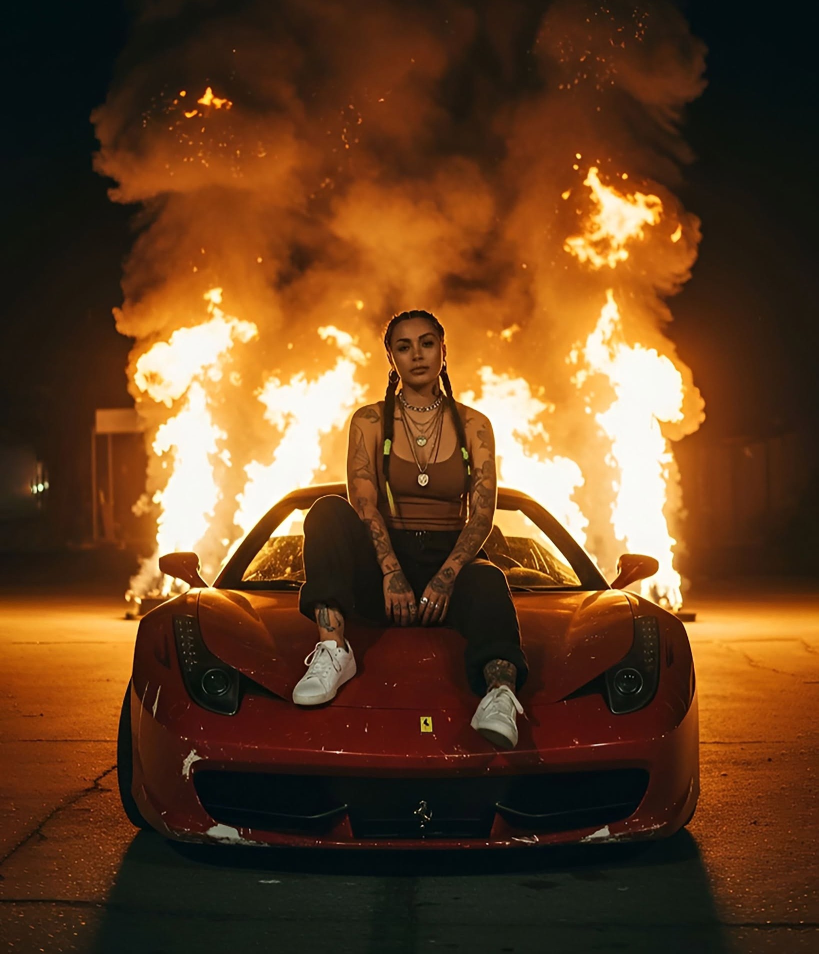 Badass Woman, Fiery Sports Car, Urban Night
