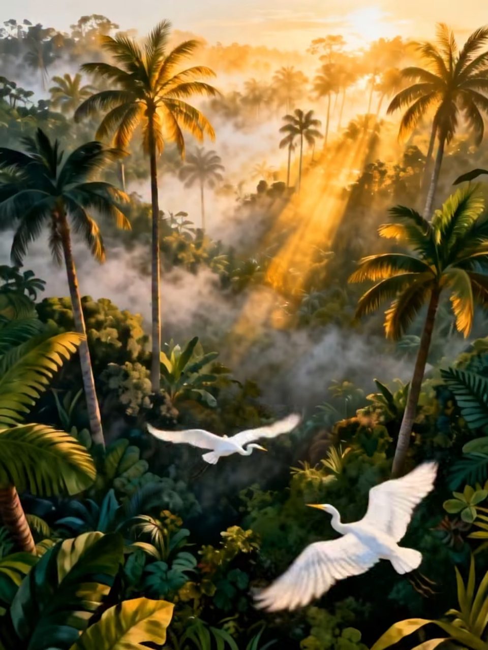 Misty Jungle Drone: Elegant Birds Soar