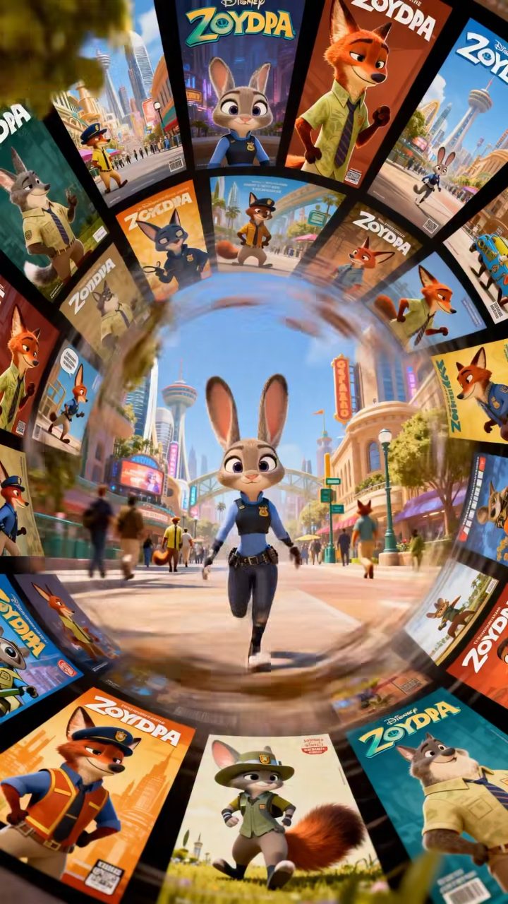 Vibrant Zootopia: Judy's Spiraling Poster Journey