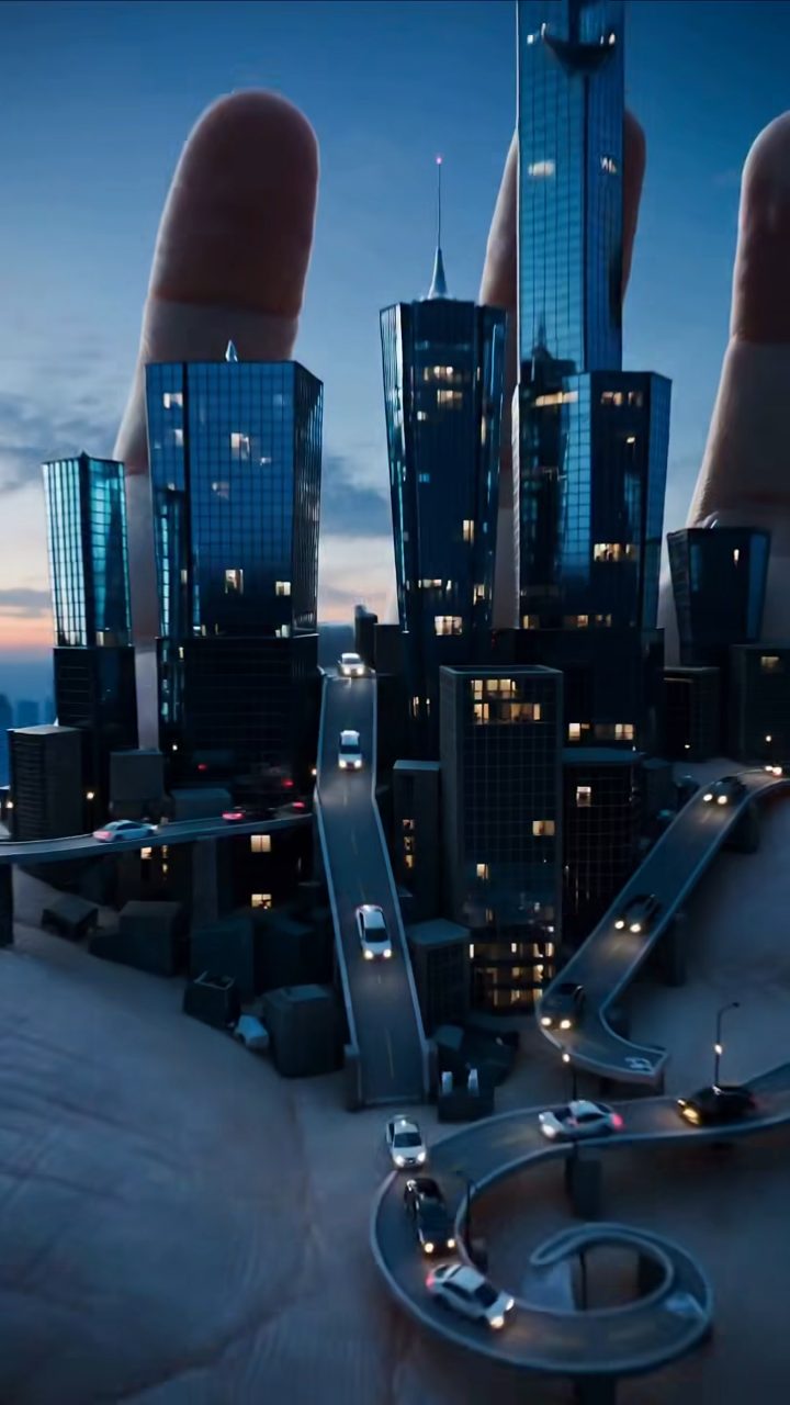 Handheld Cyberpunk City at Dusk