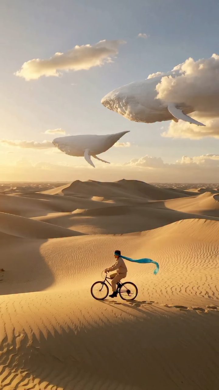 Golden Dunes, Whale Clouds, Lone Cyclist
