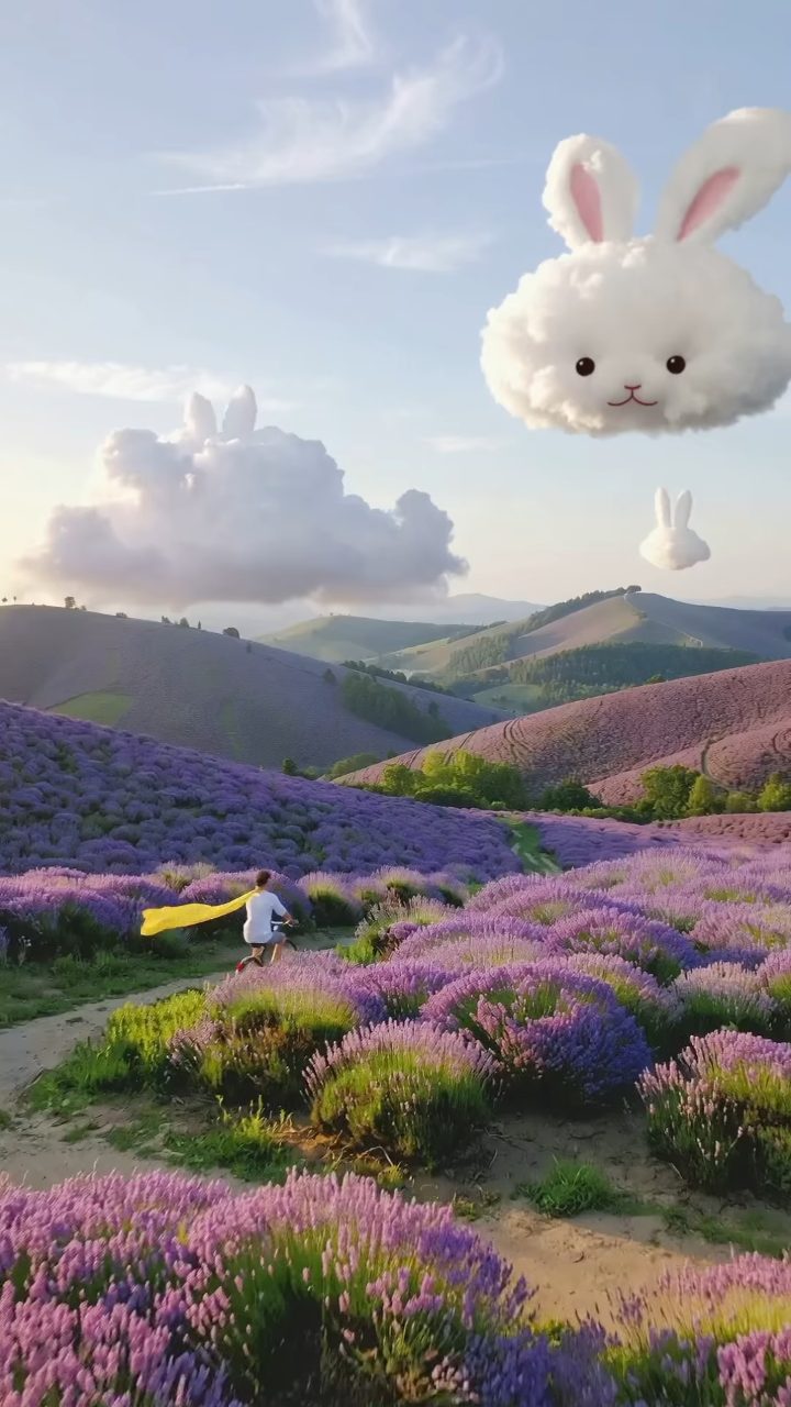 Bunny Clouds Over Lavender Cycling Hills