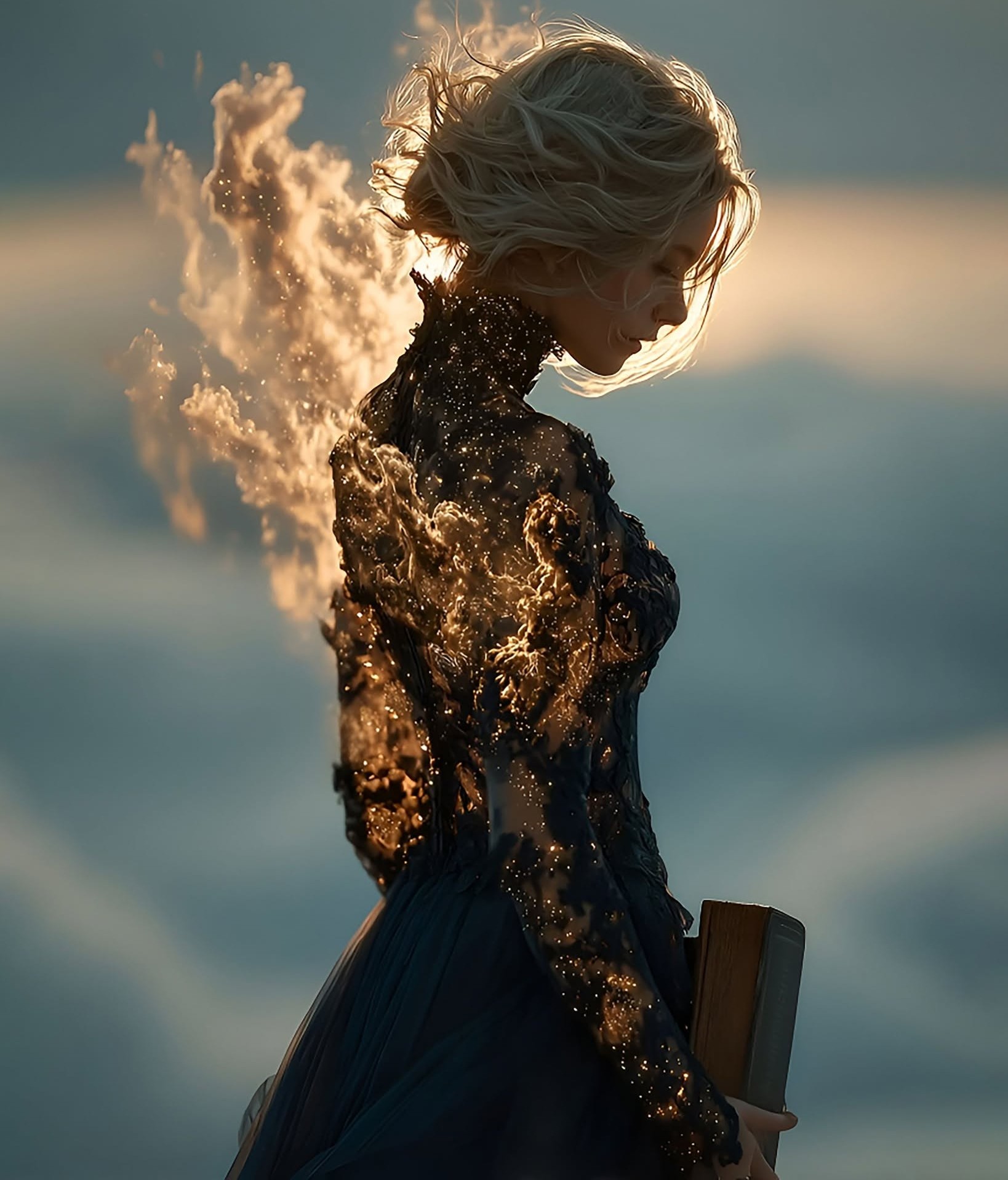 Cinematic Dark Fantasy: Ethereal Woman, Ember Wings.