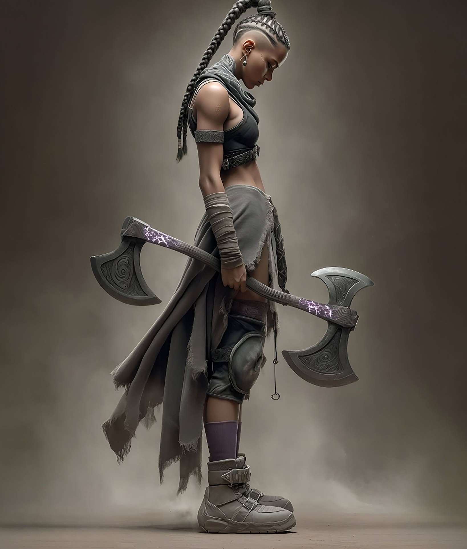 Dark Fantasy Tribal Queen, Glowing Purple Axe