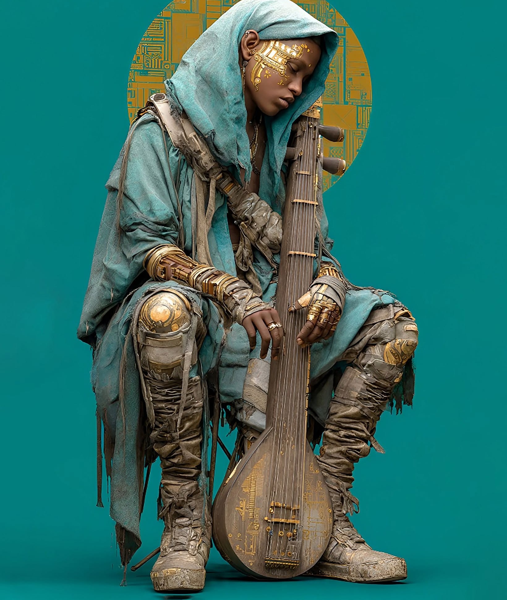 Cinematic Afrofuturist Lute Warrior