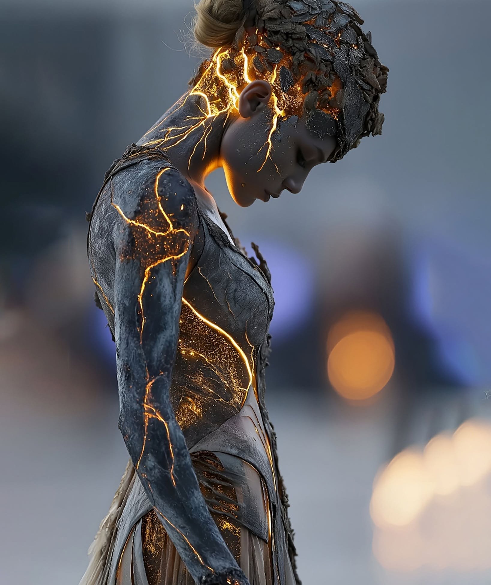 Volcanic Obsidian Woman: Lava Veins Glow