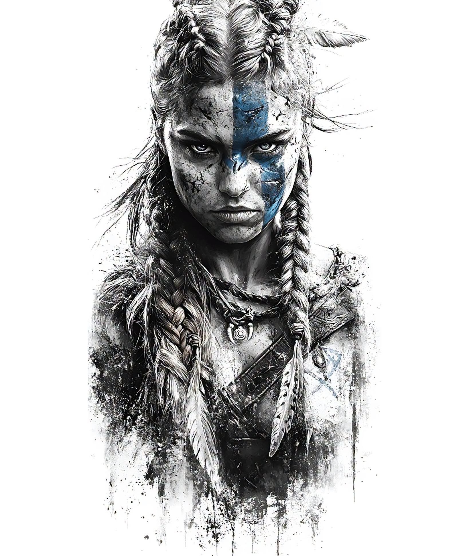 Fierce Viking Warrior: Blue Ink Portrait