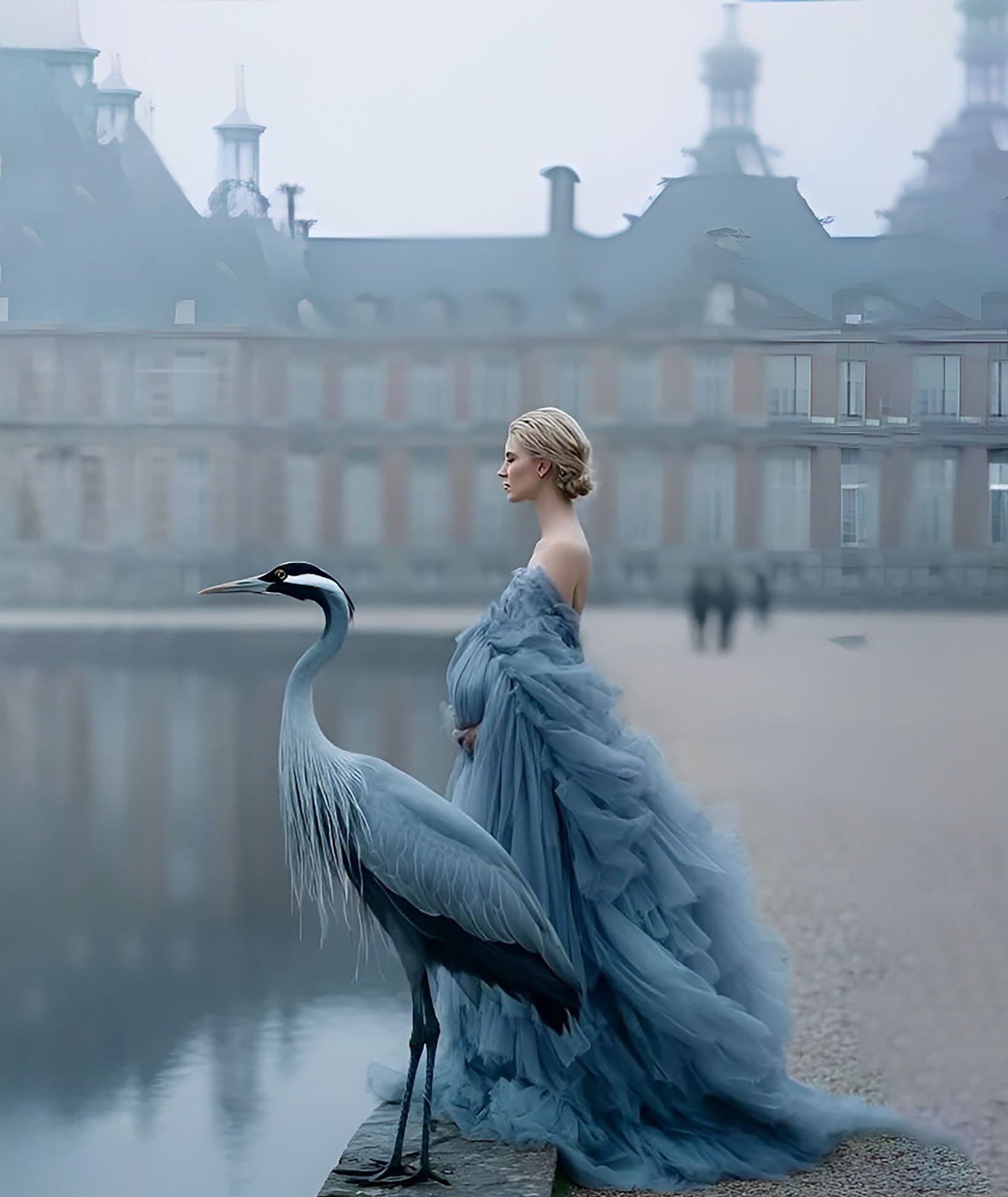 Ethereal Heron, Tulle Gown, Misty Palace