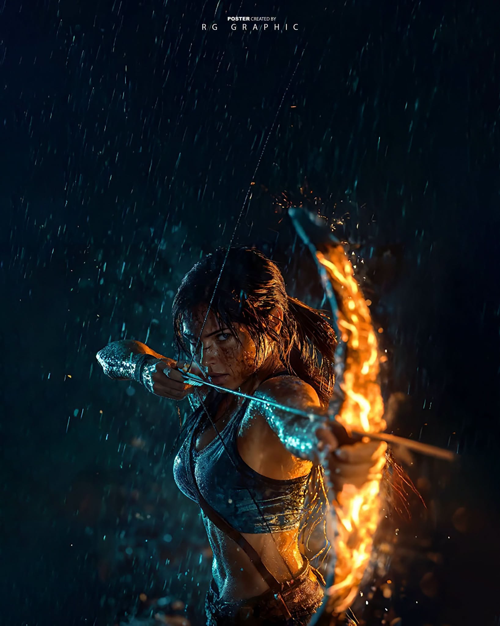 Fierce Archer, Flaming Bow, Rain-Soaked Night