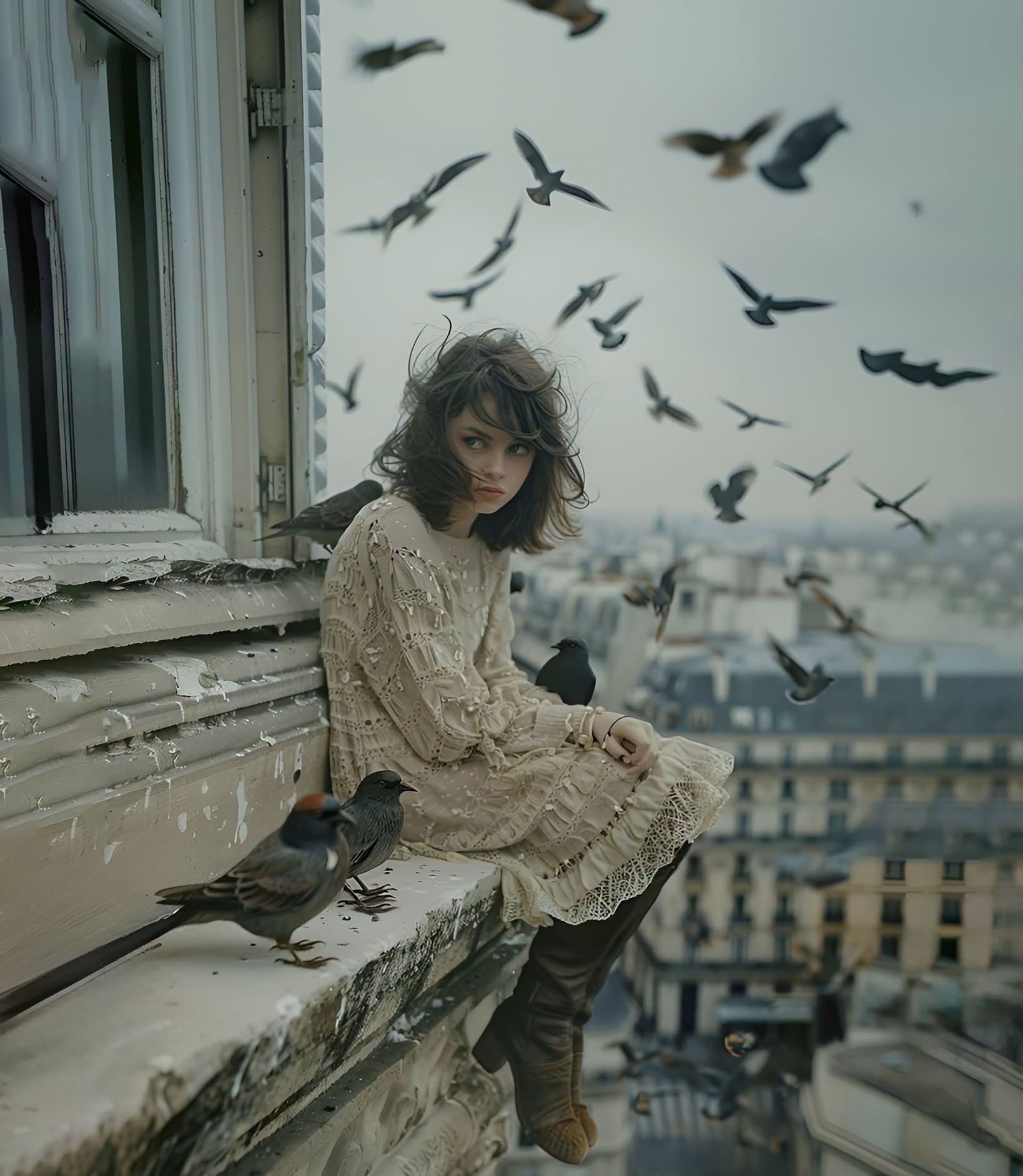Cinematic Melancholy: Parisian Rooftop Birds