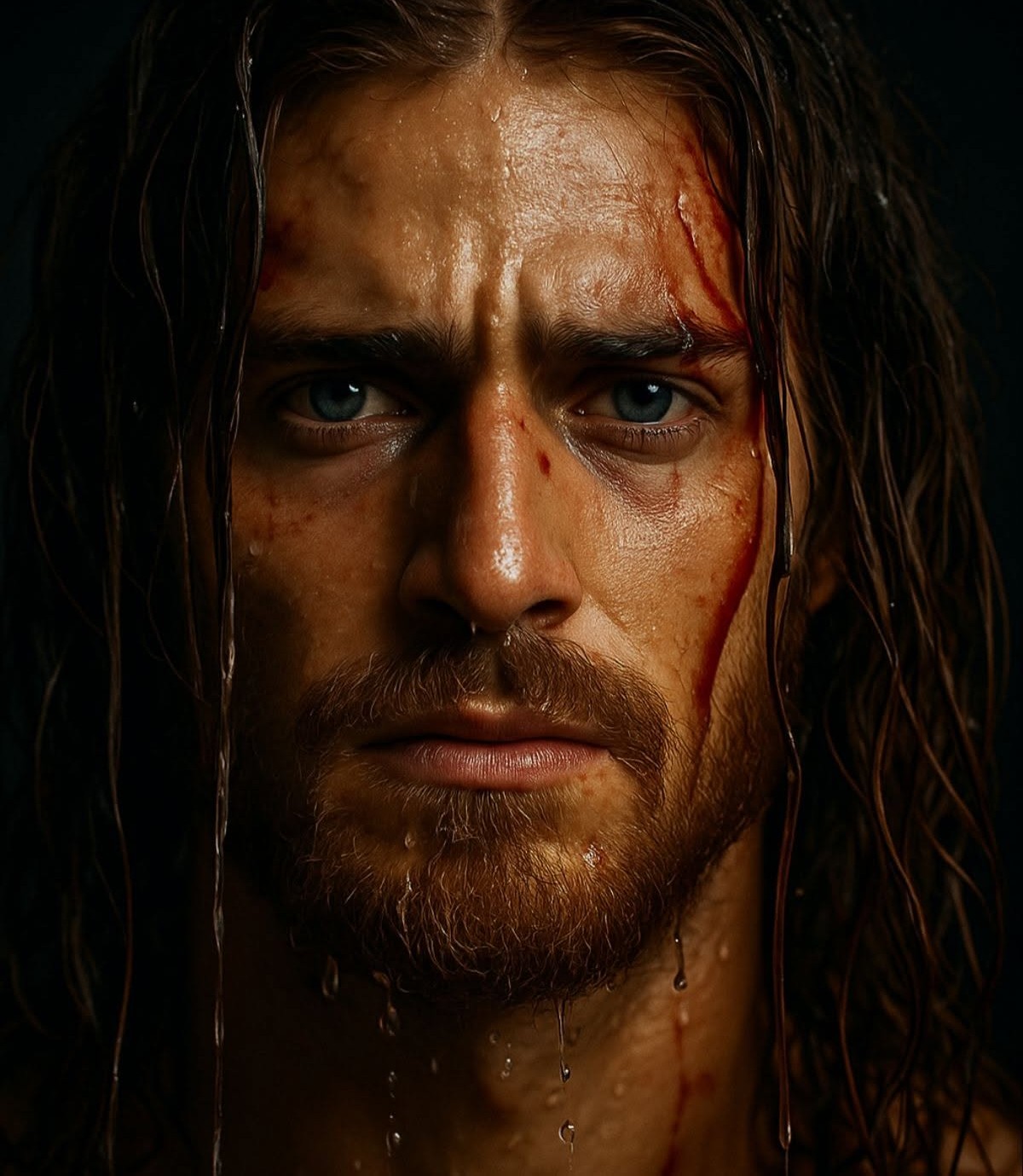 Raw Resilience: Wet, Battle-Worn Portrait