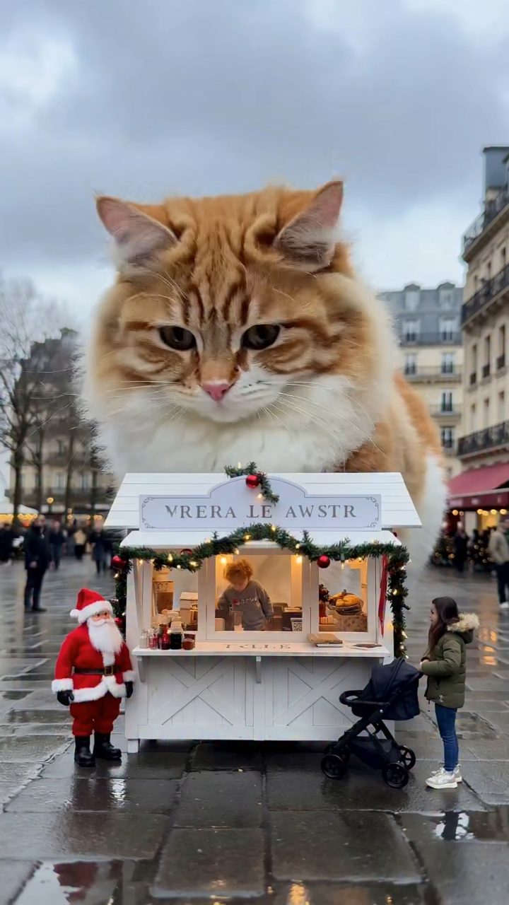 Giant Kitten Plays Paris Christmas Dollhouse