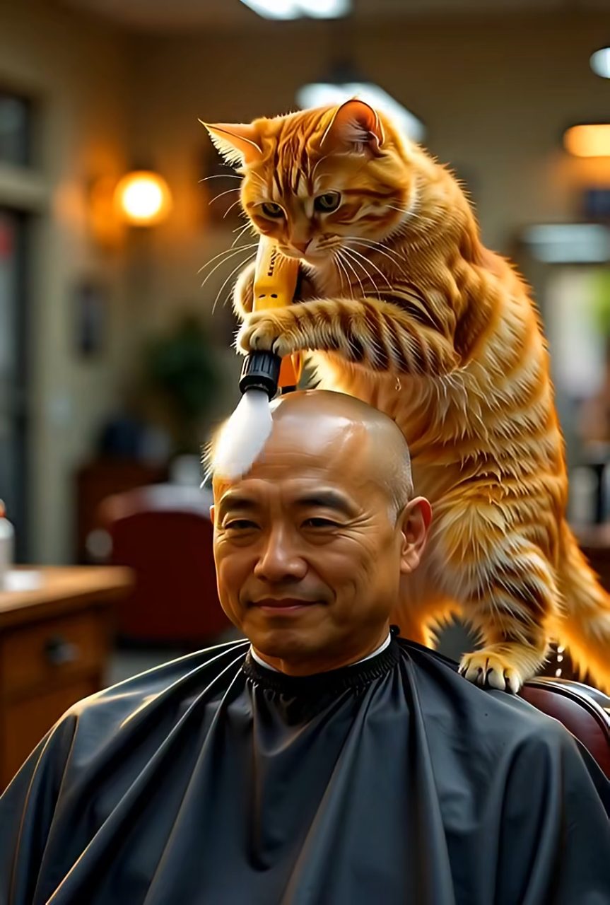 Barbershop Cat Pressure Washes Head