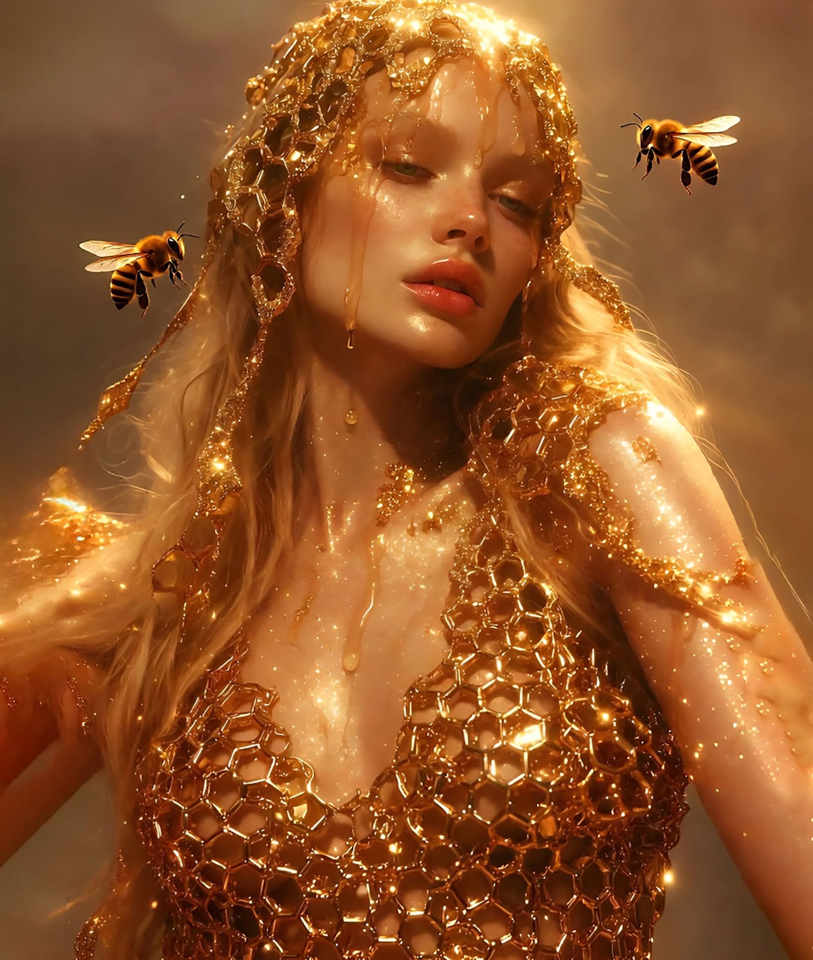 Ethereal Honey Goddess: Golden Honeycomb Portrait