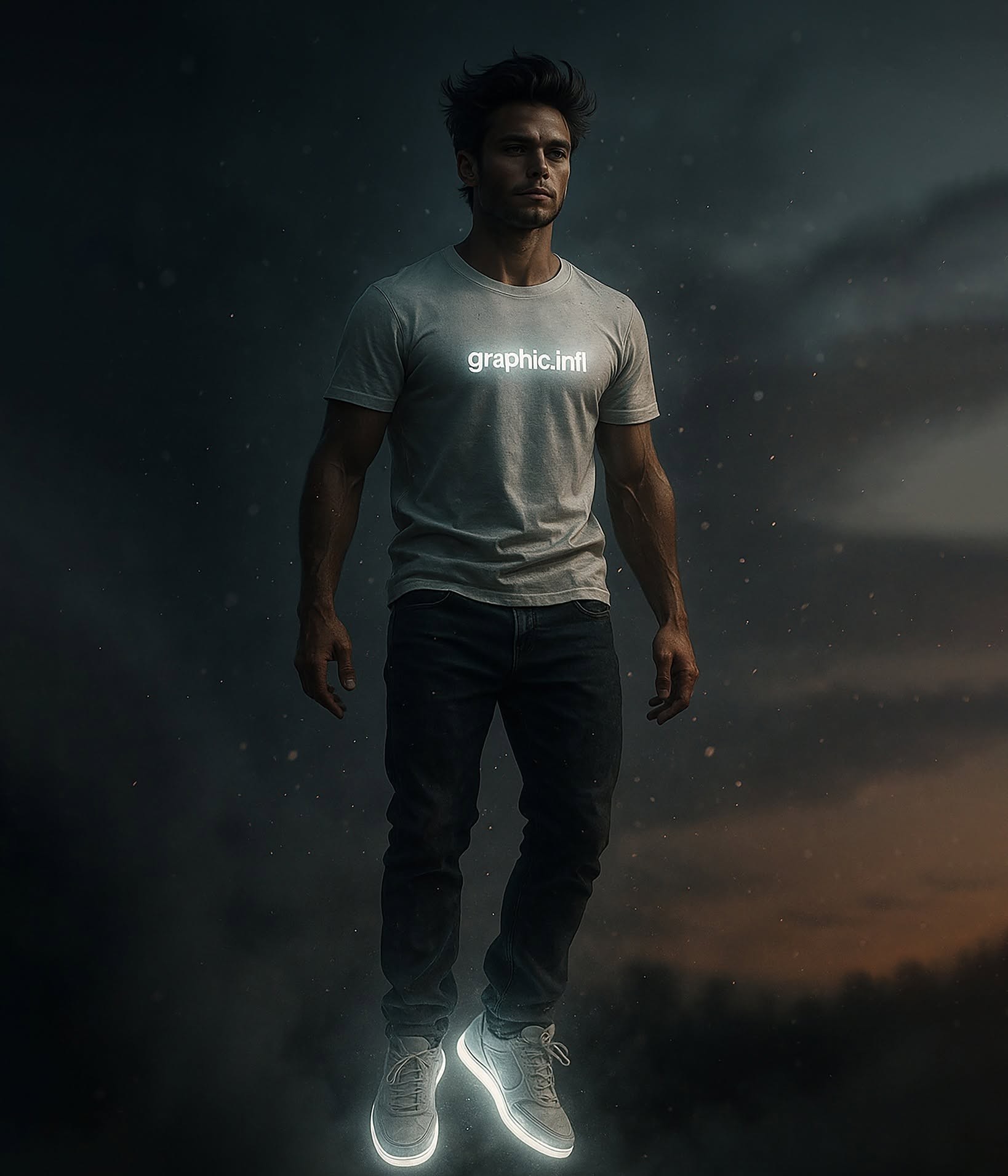 Electric Resonance: Man Floats Cityscape