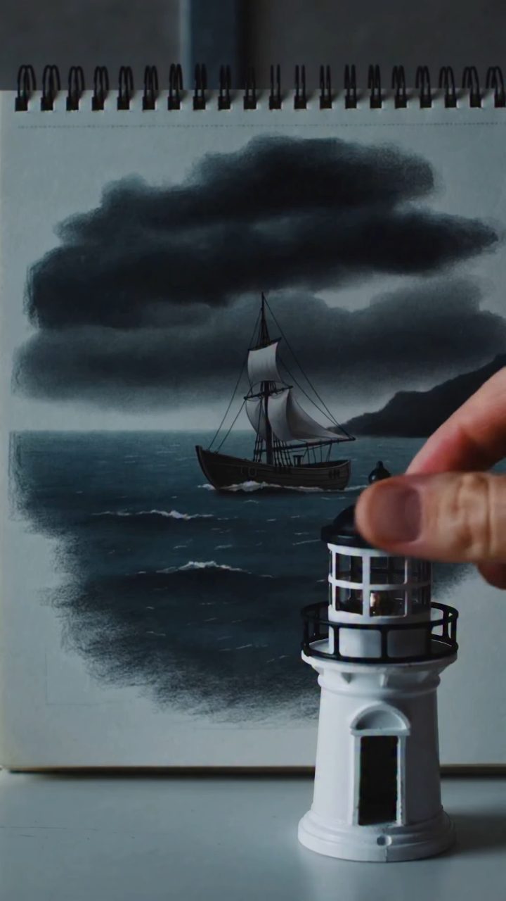 Lighthouse Beam Blazes from Notebook Storm