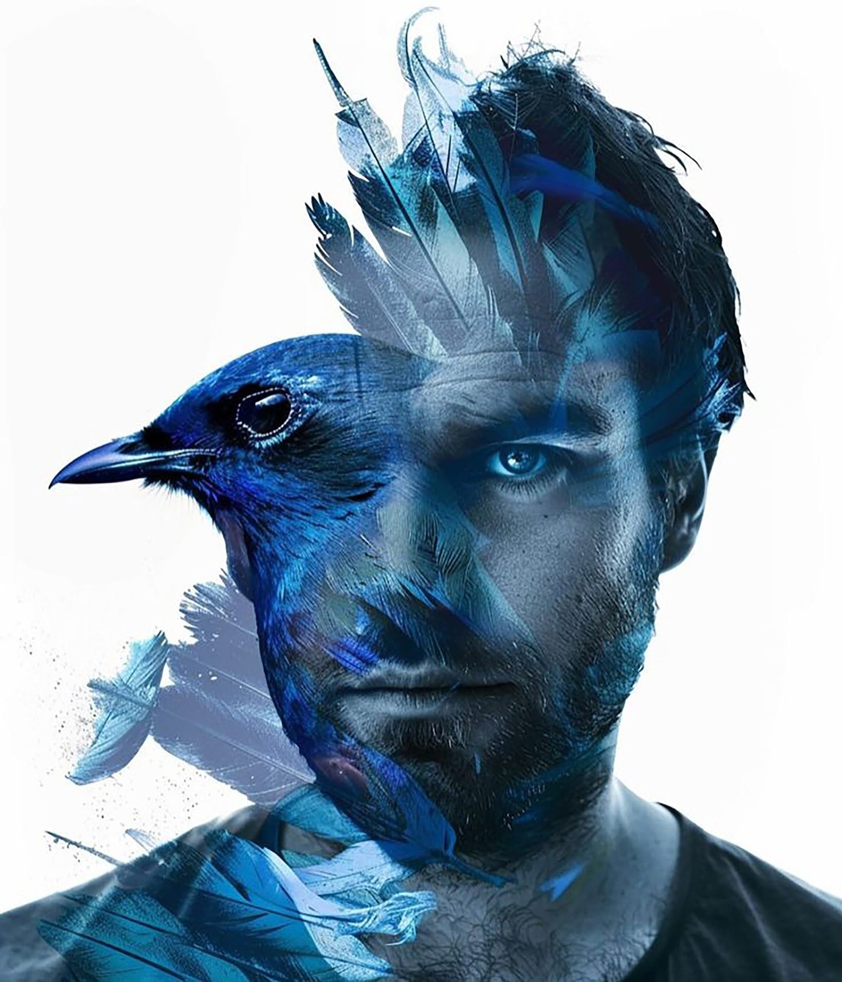 Surreal Blue Bird Man Transformation