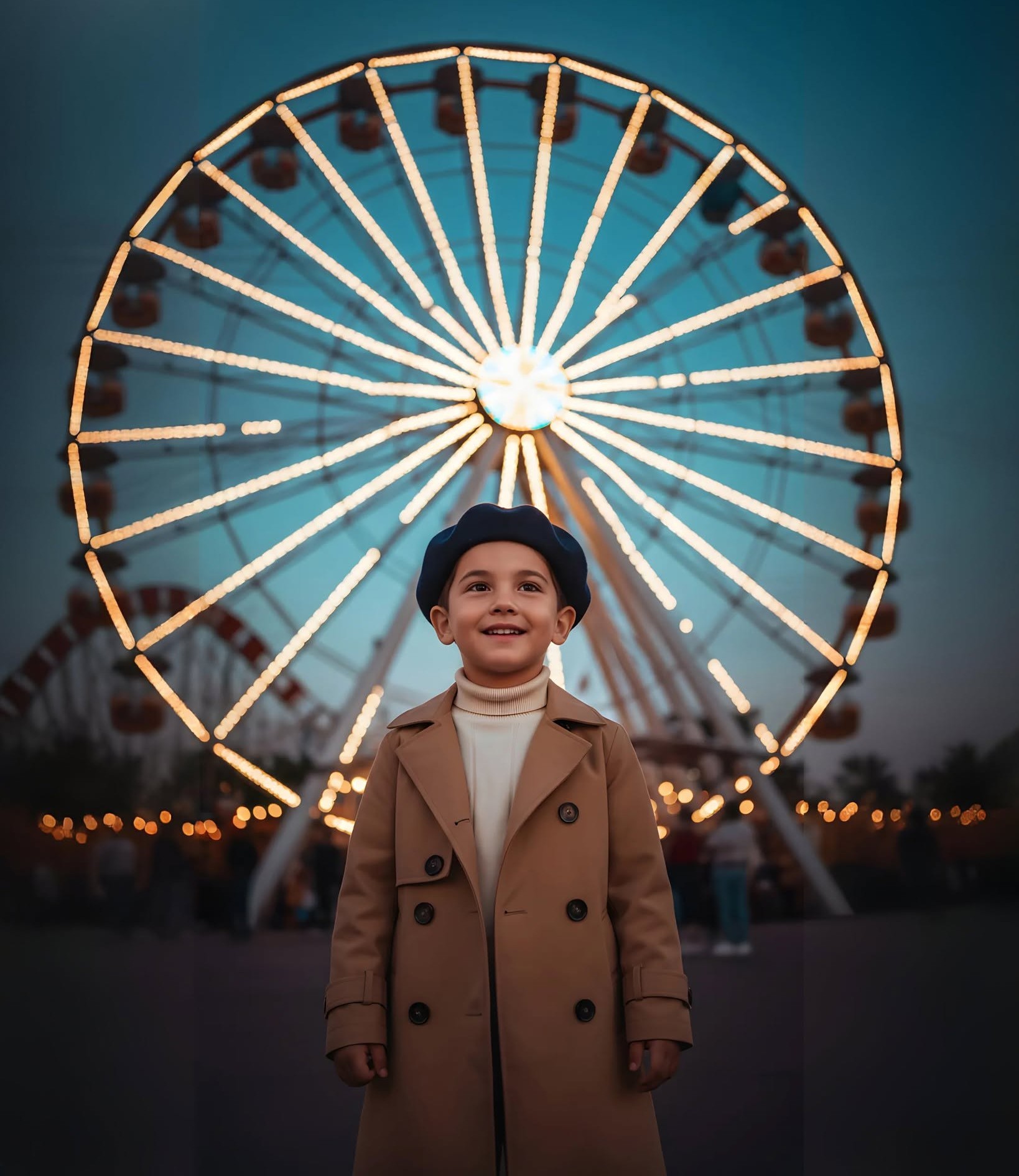 Cinematic Child's Twilight Ferris Wheel Reflection