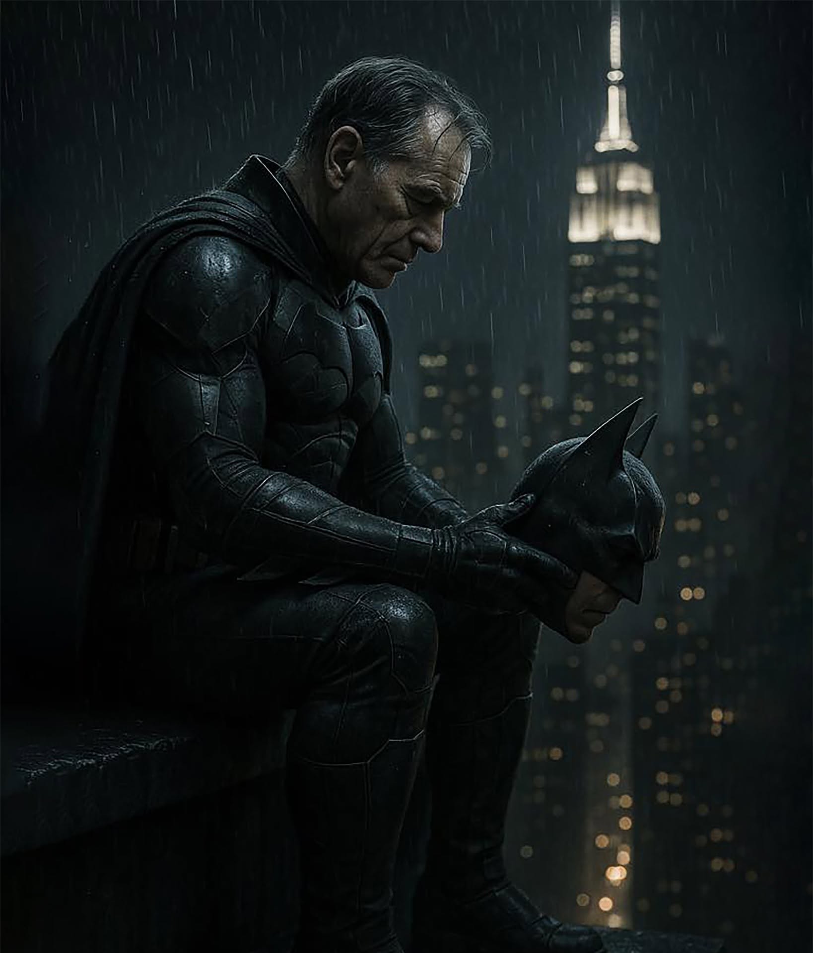 The Dark Knight's Weary Reflection