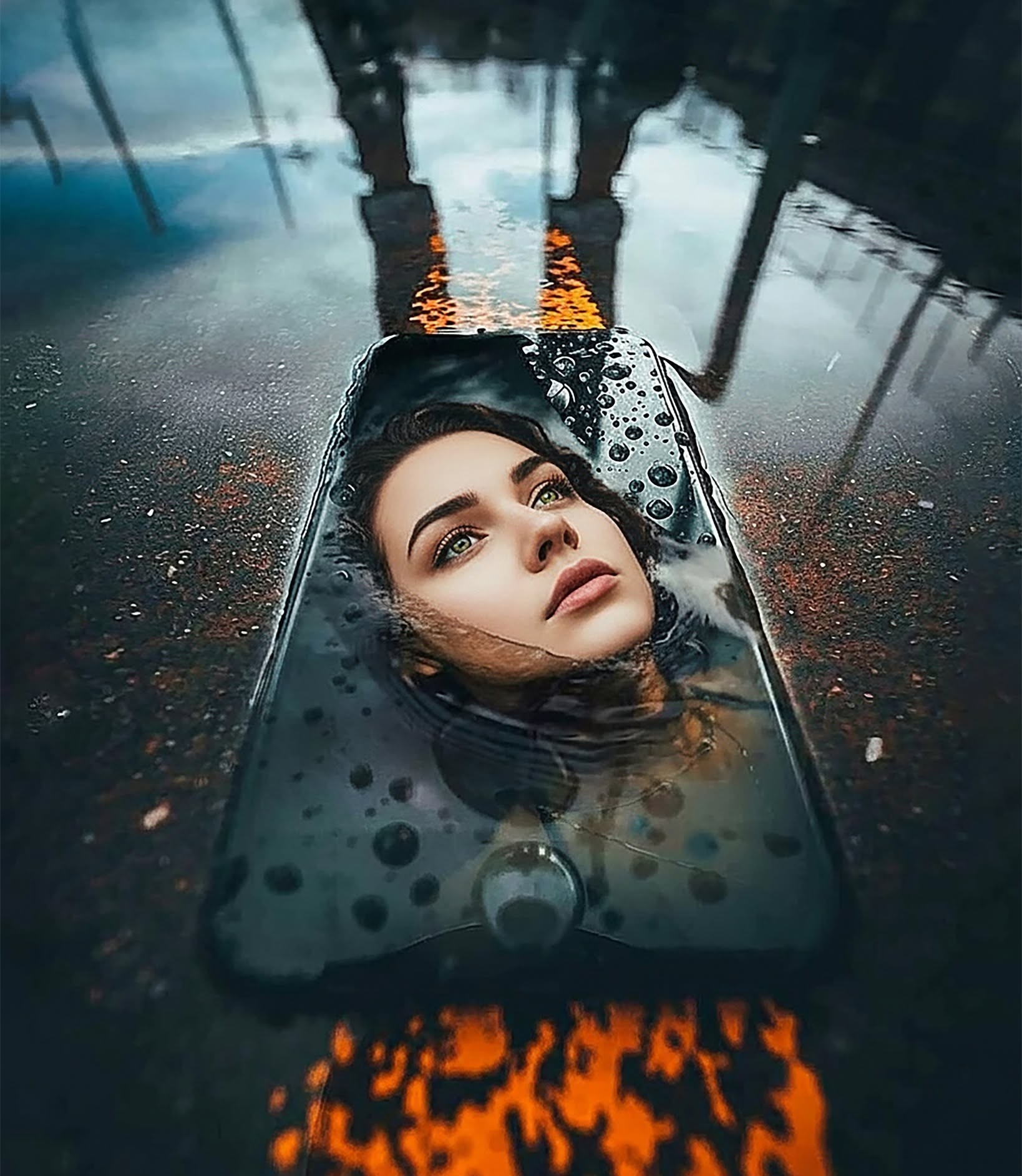 Digital Reflection: Woman in Wet Screen