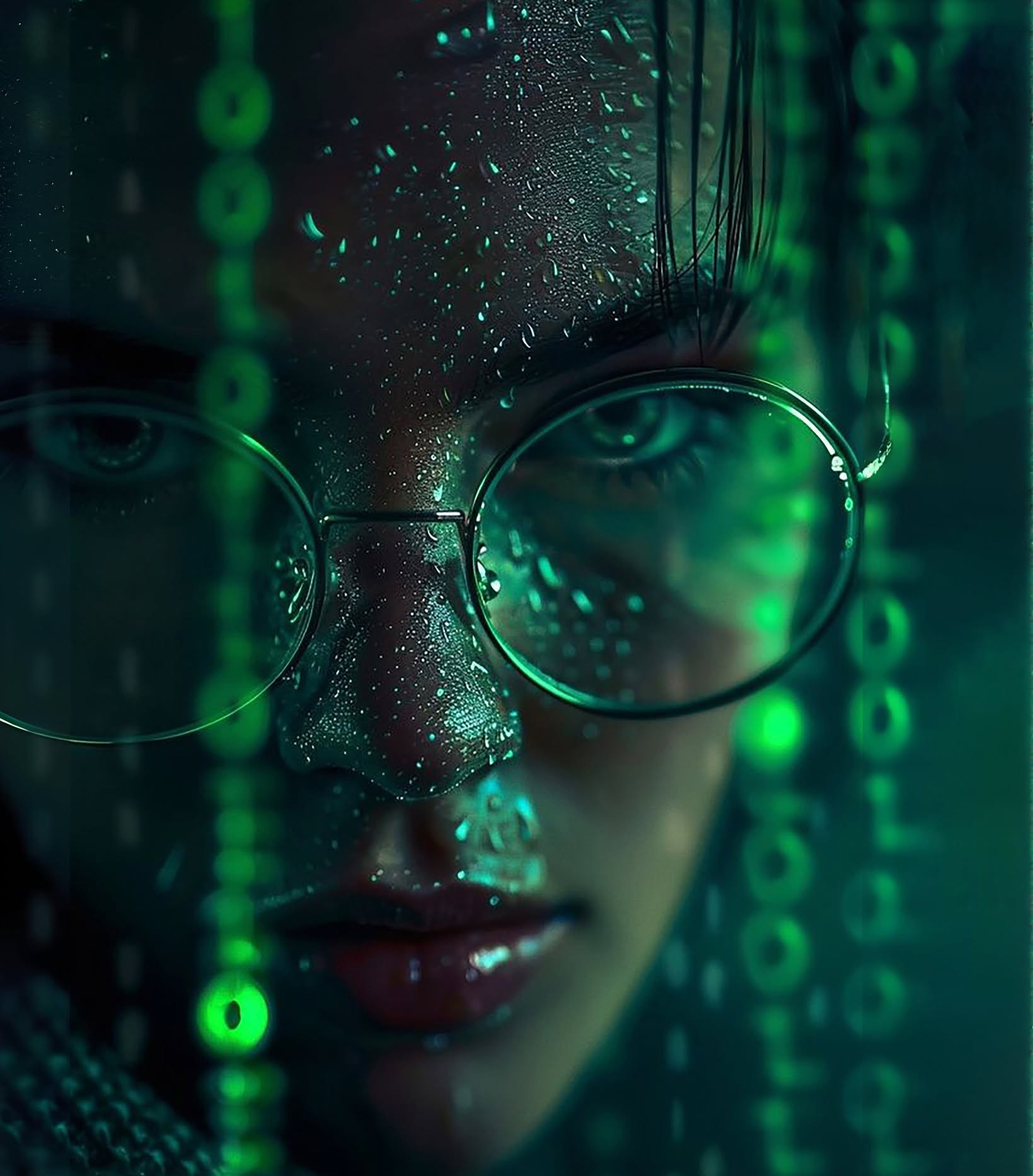 Matrix Gaze: Wet Cyberpunk Binary Reflection