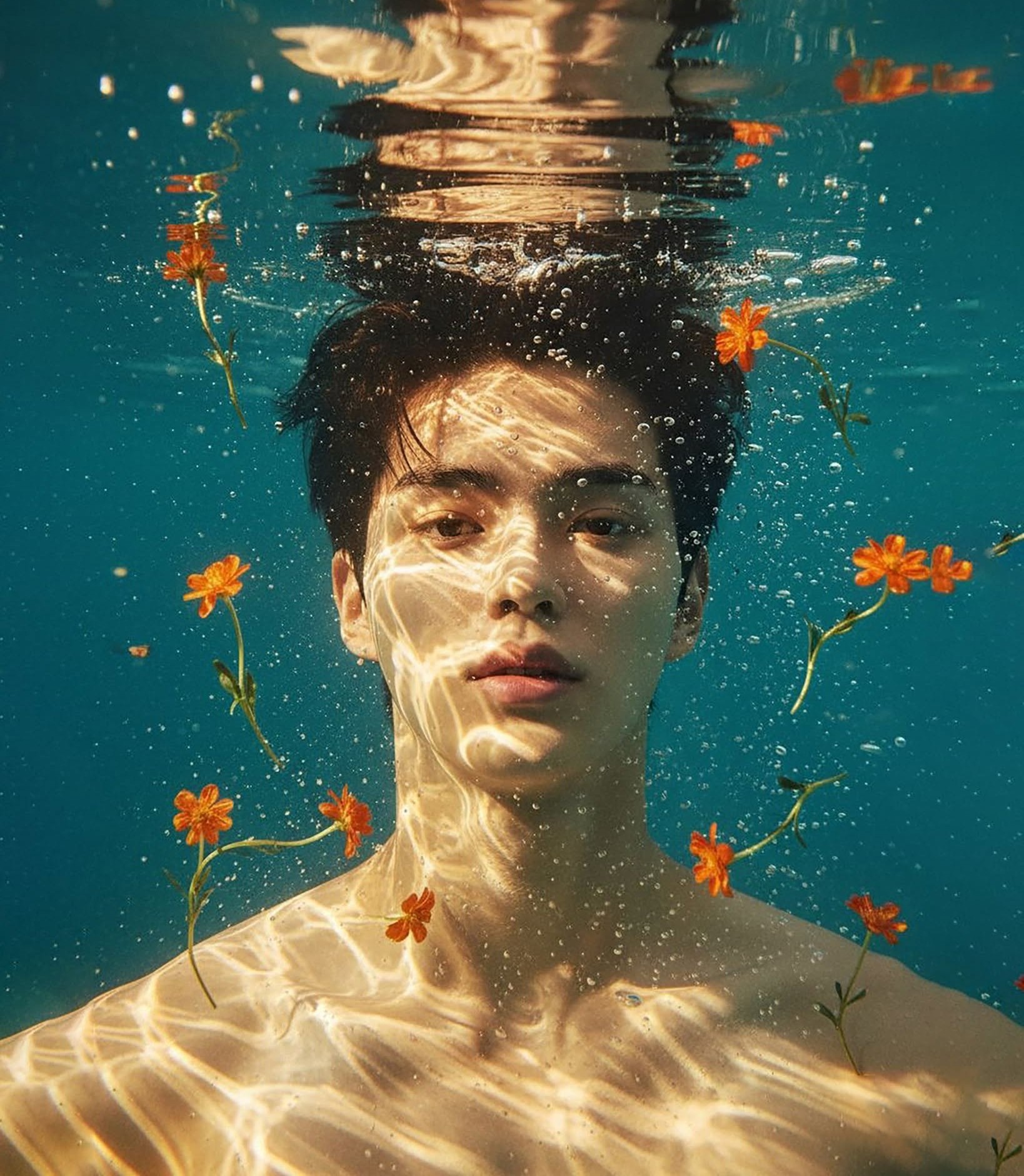 Underwater Reverie: Golden Flowers & Reflections