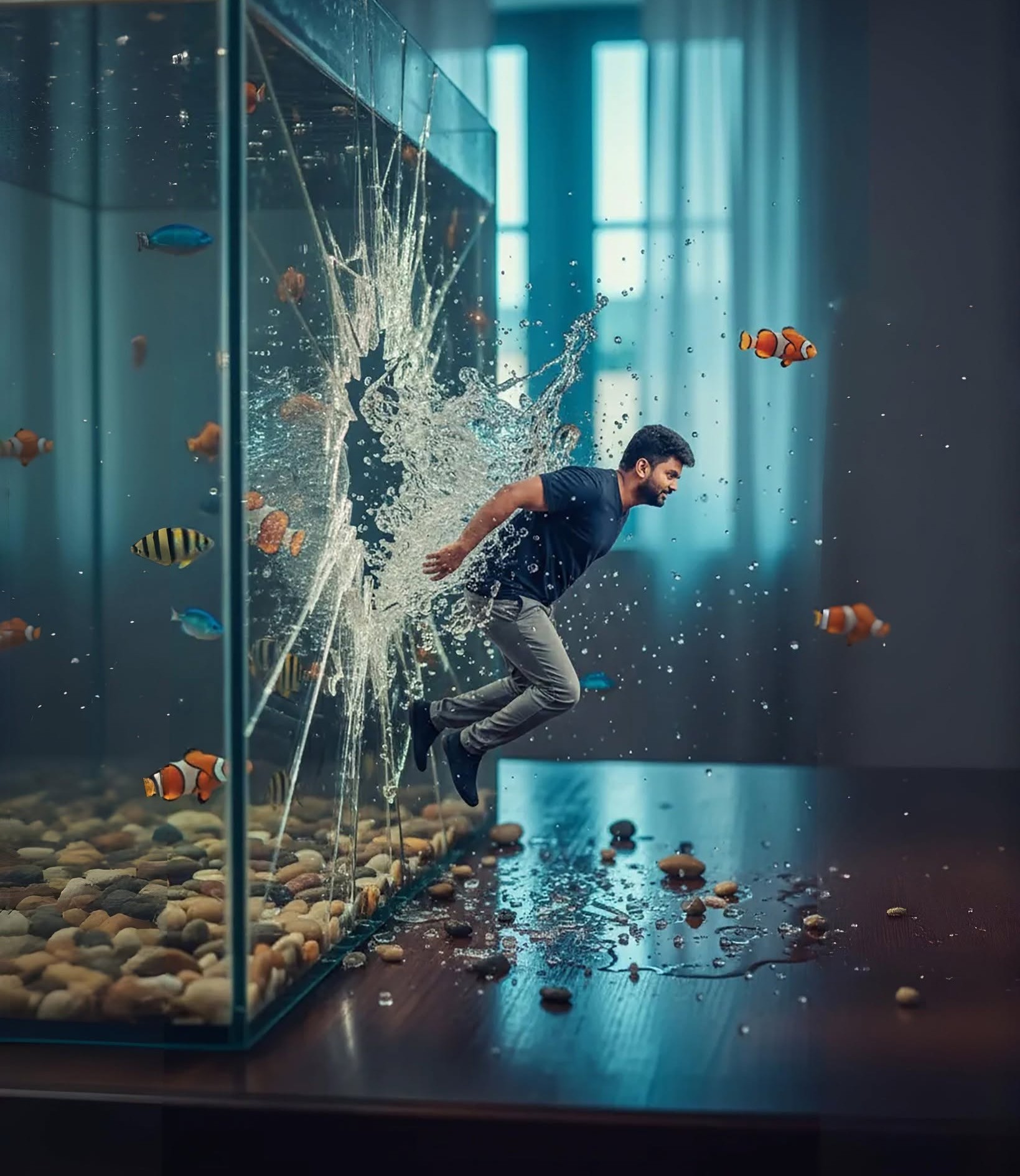 Frozen Burst: Man Shatters Aquarium Glass