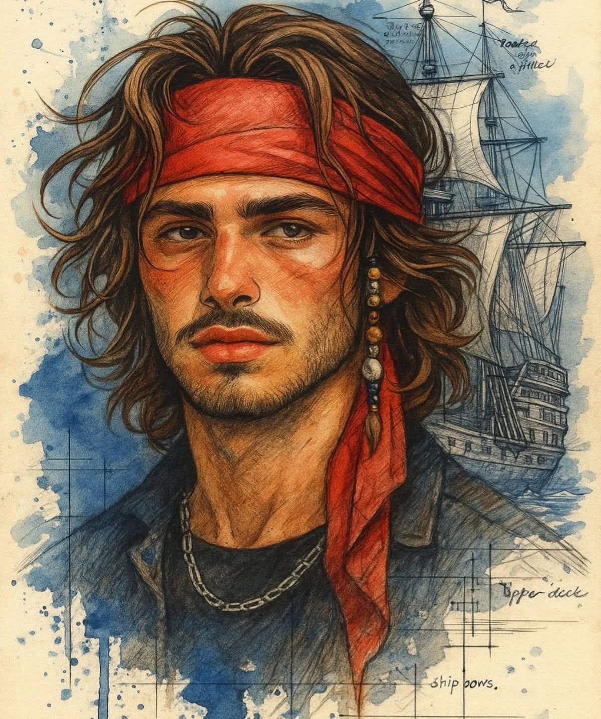 Pirate Blueprint Watercolor Portrait
