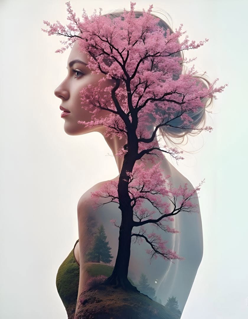 Dreamy Blossom Woman Double Exposure