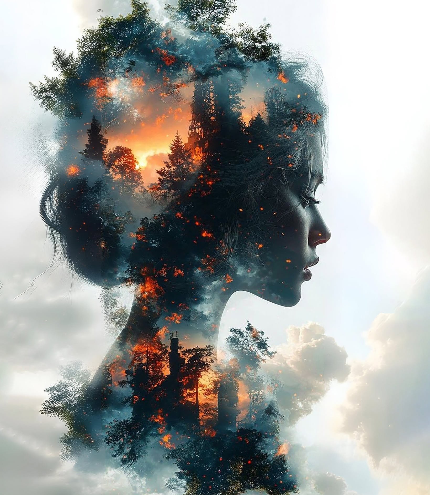Burning Forest Woman Double Exposure