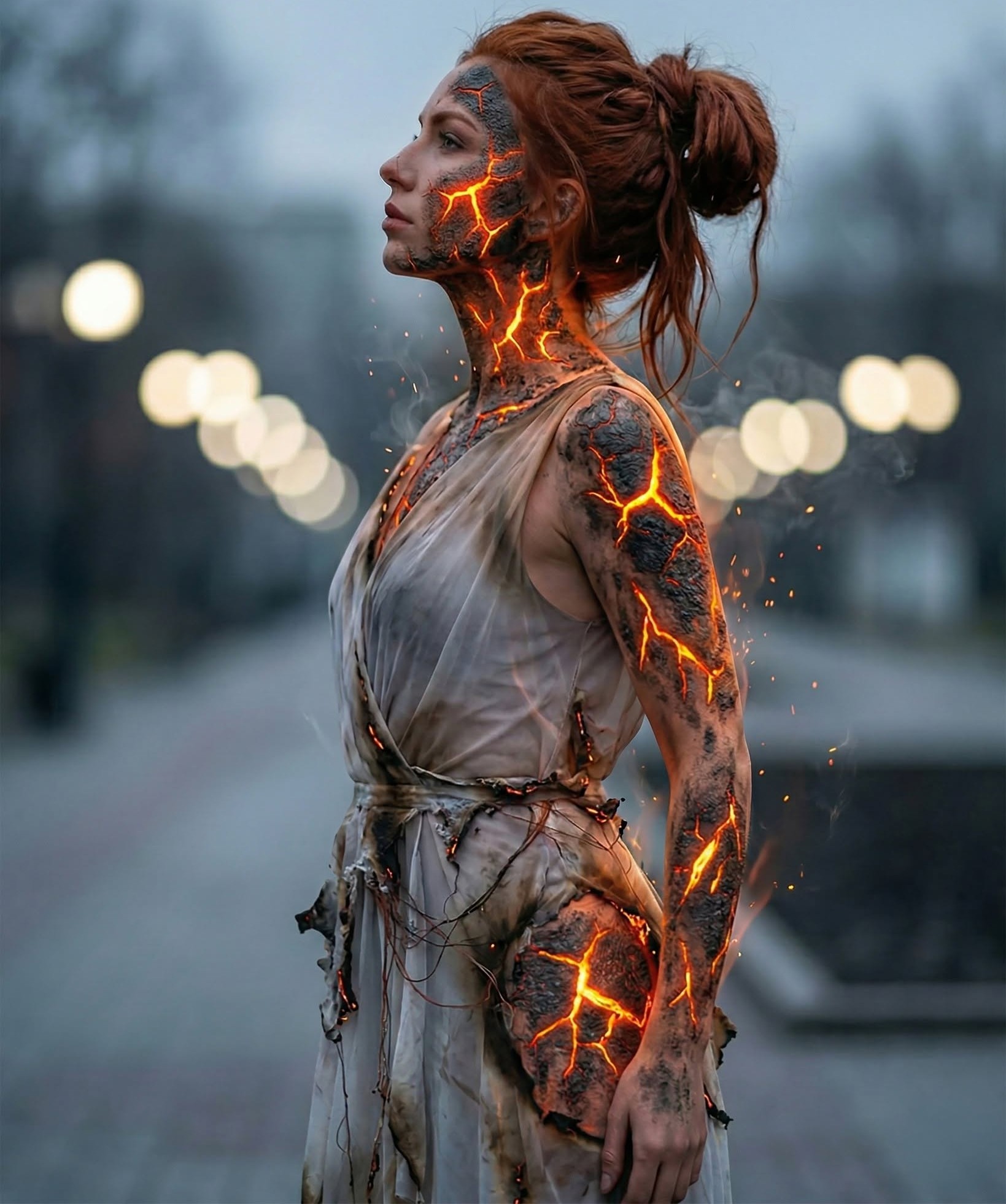 Fiery Lava Woman on Misty Street