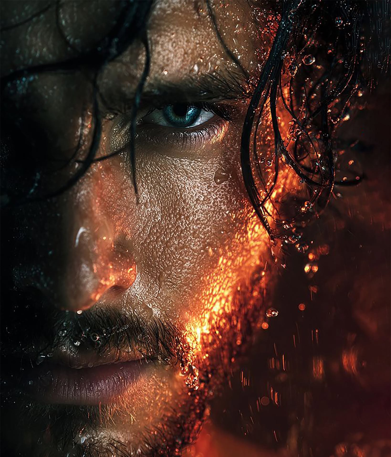 Fiery Rain: Rugged Man Close-up