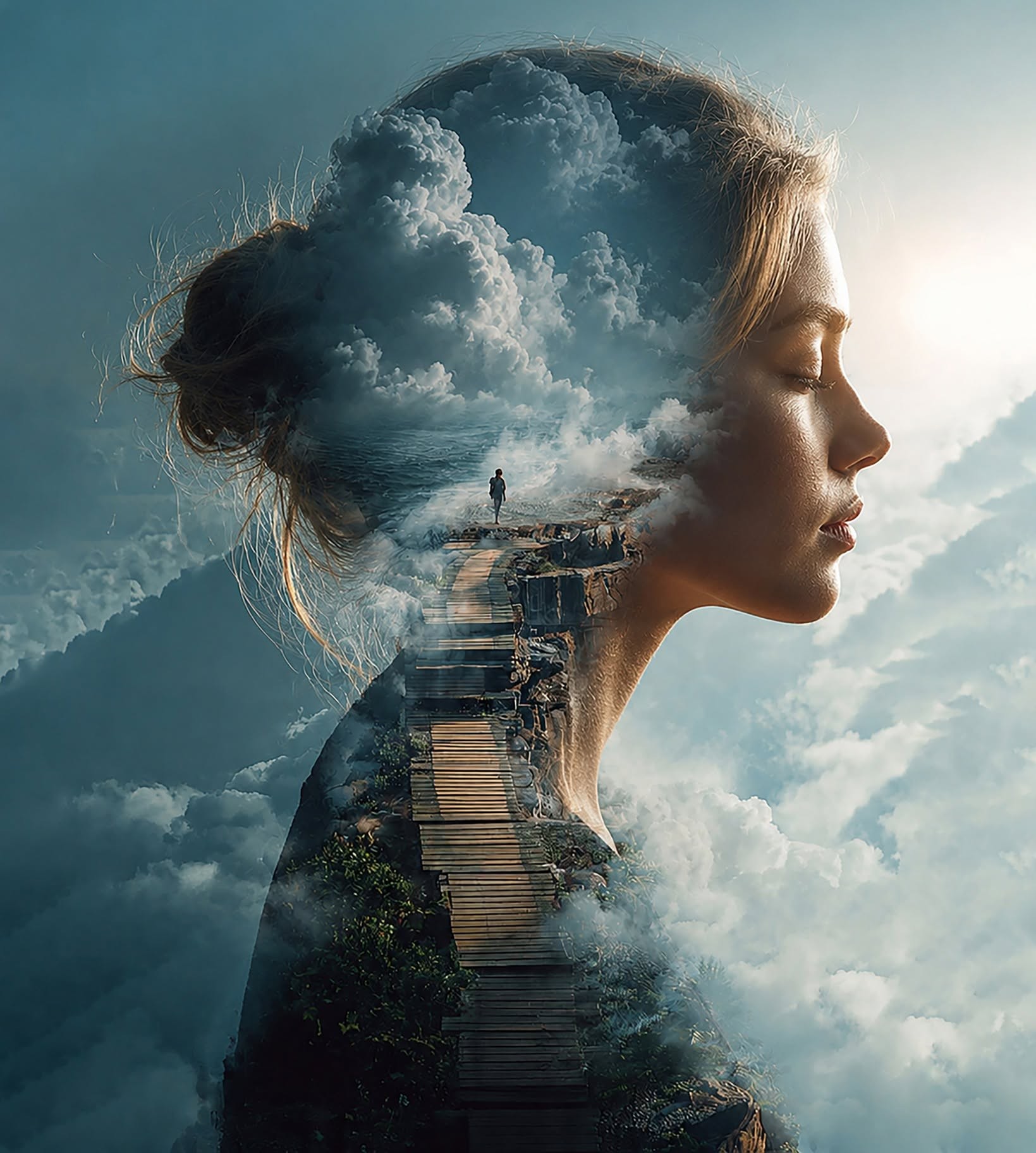 Soulful Ascent: Woman's Surreal Double Exposure