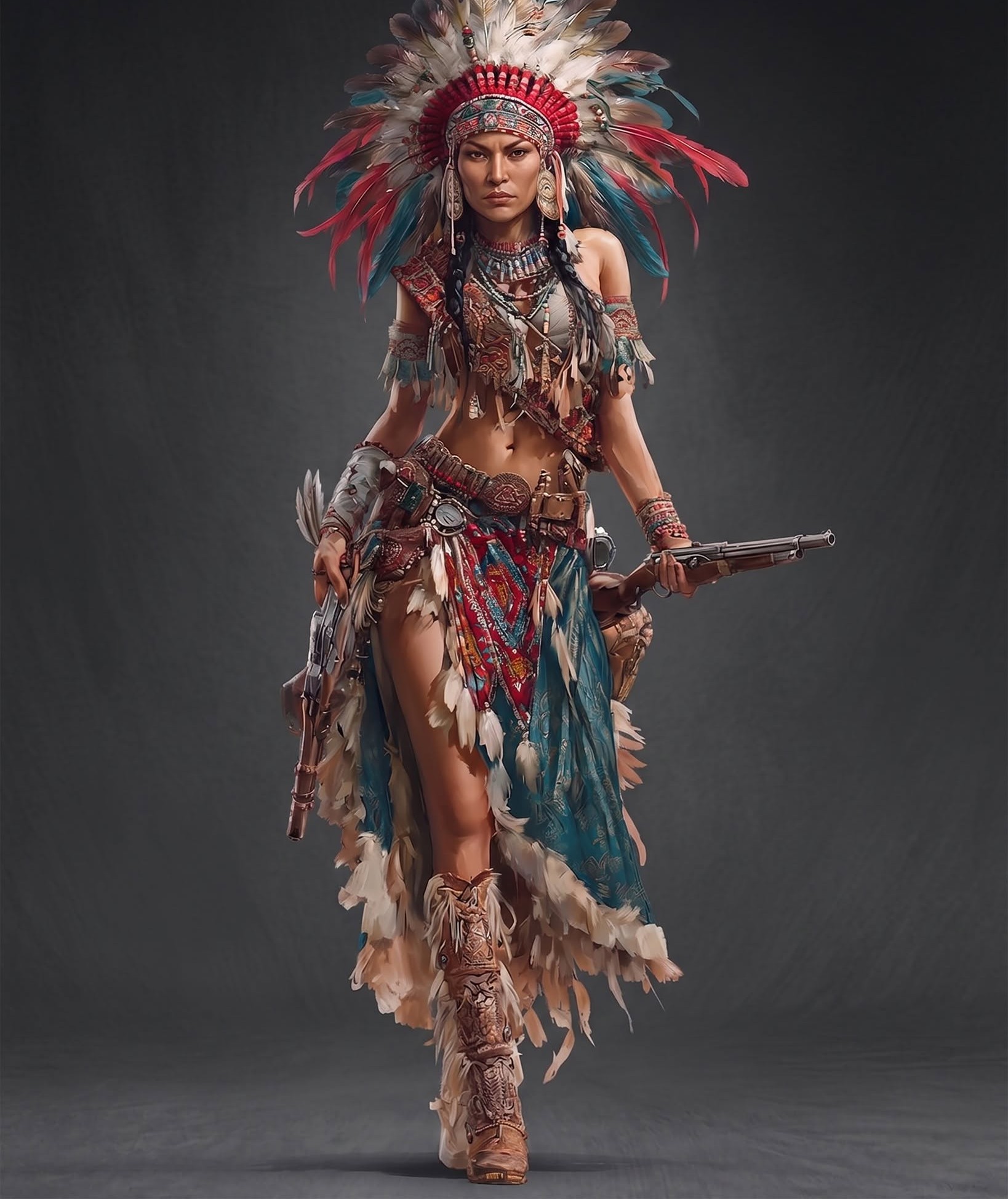 Feathered Warrior Queen with Revolvers