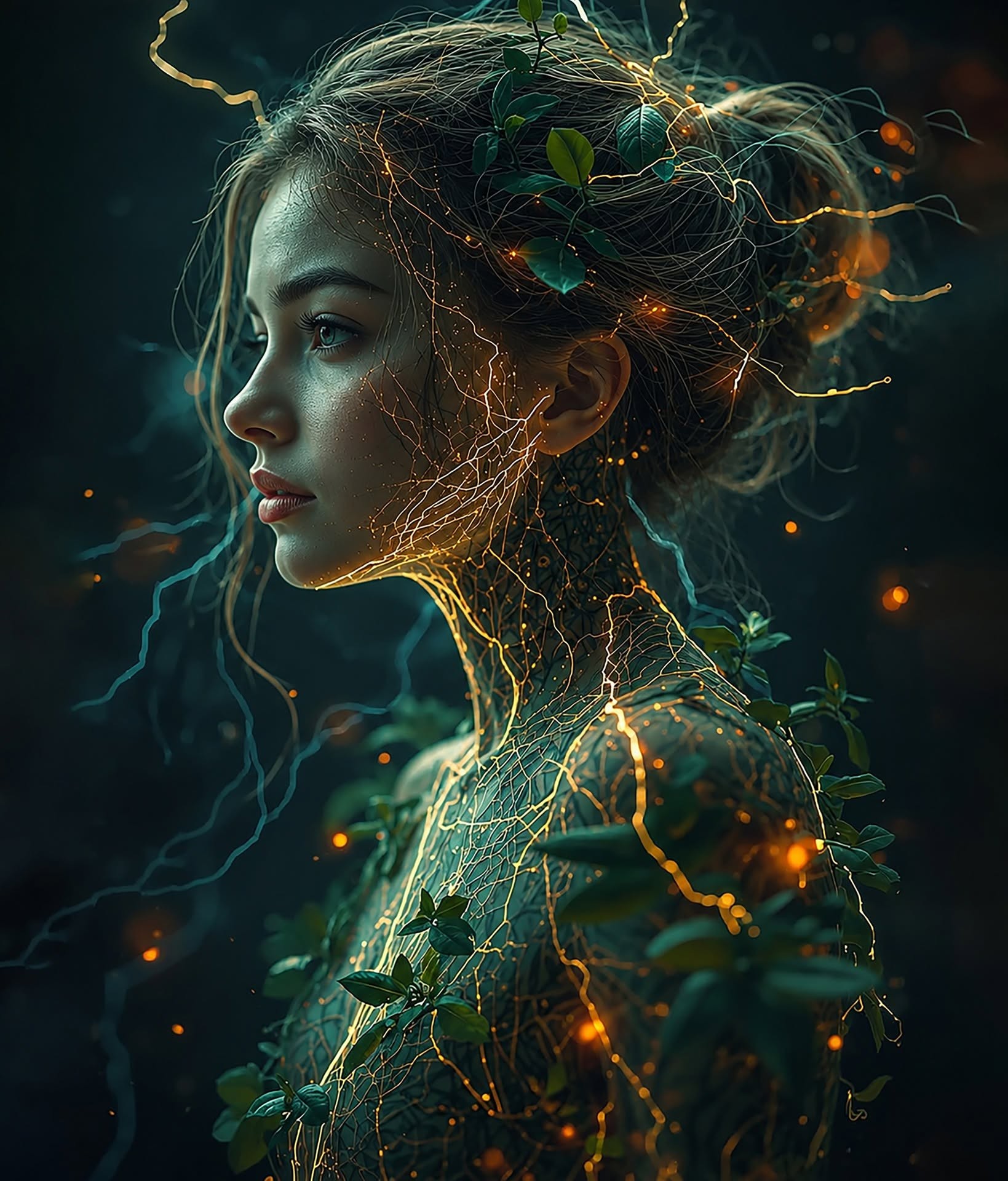 Bioluminescent Cyber-Nature Fusion Portrait