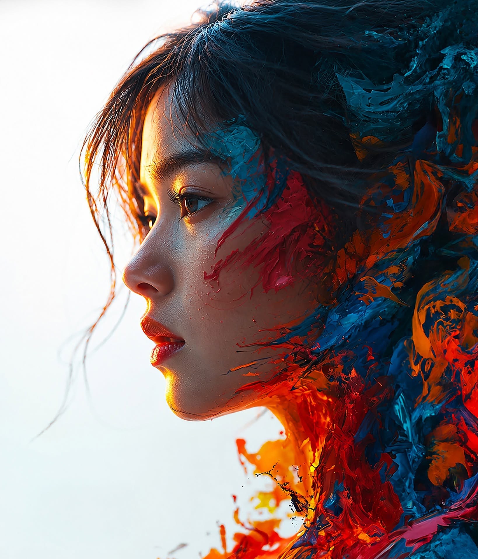 Ethereal Woman: Fiery Paint Fusion
