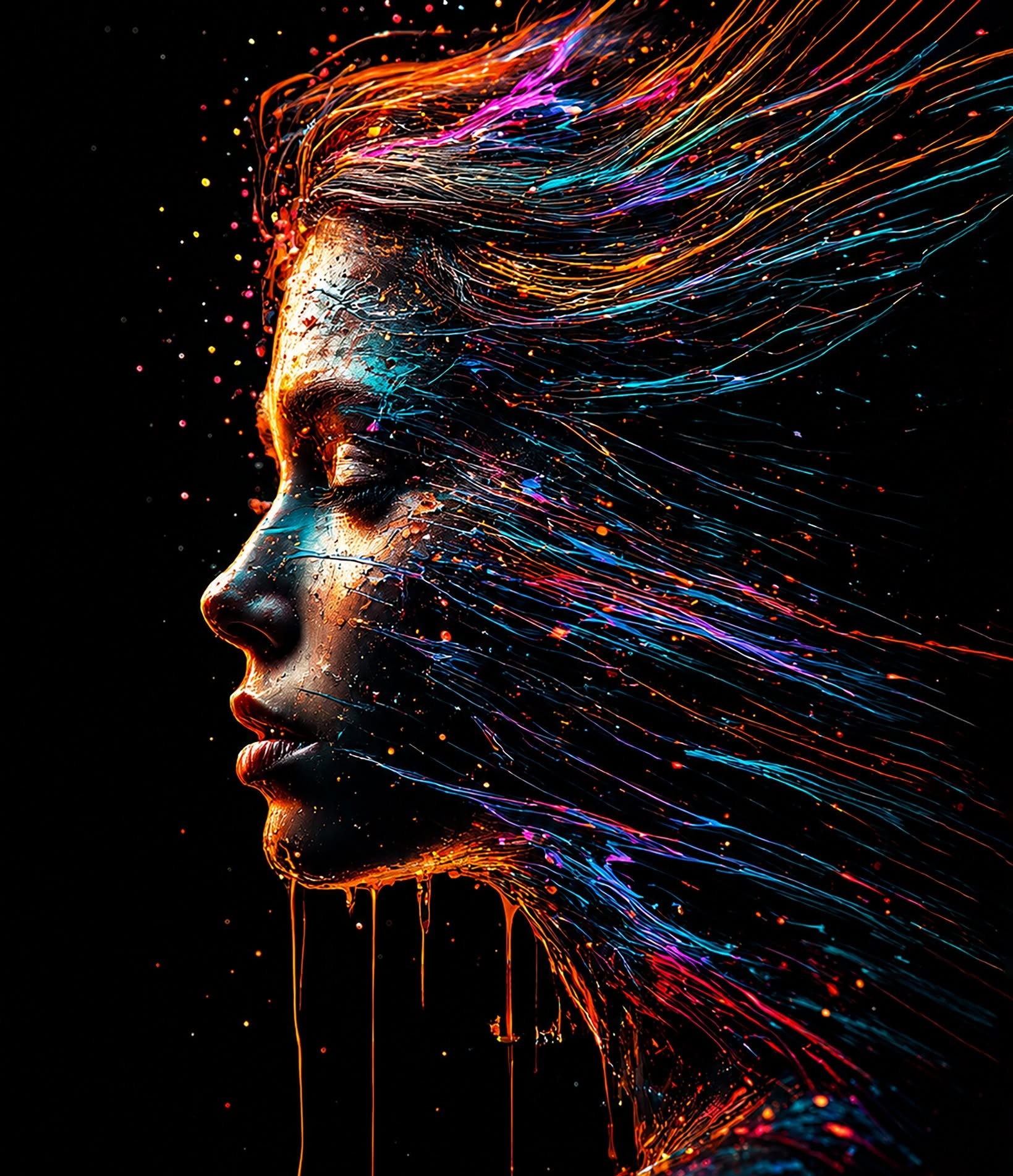 Ethereal Neon Paint Drip Portrait