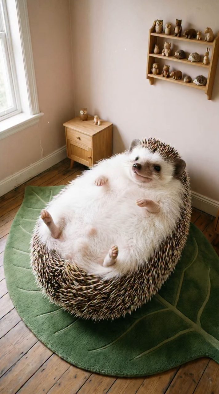 Woman Sleeps on Fluffy Giant Hedgehog