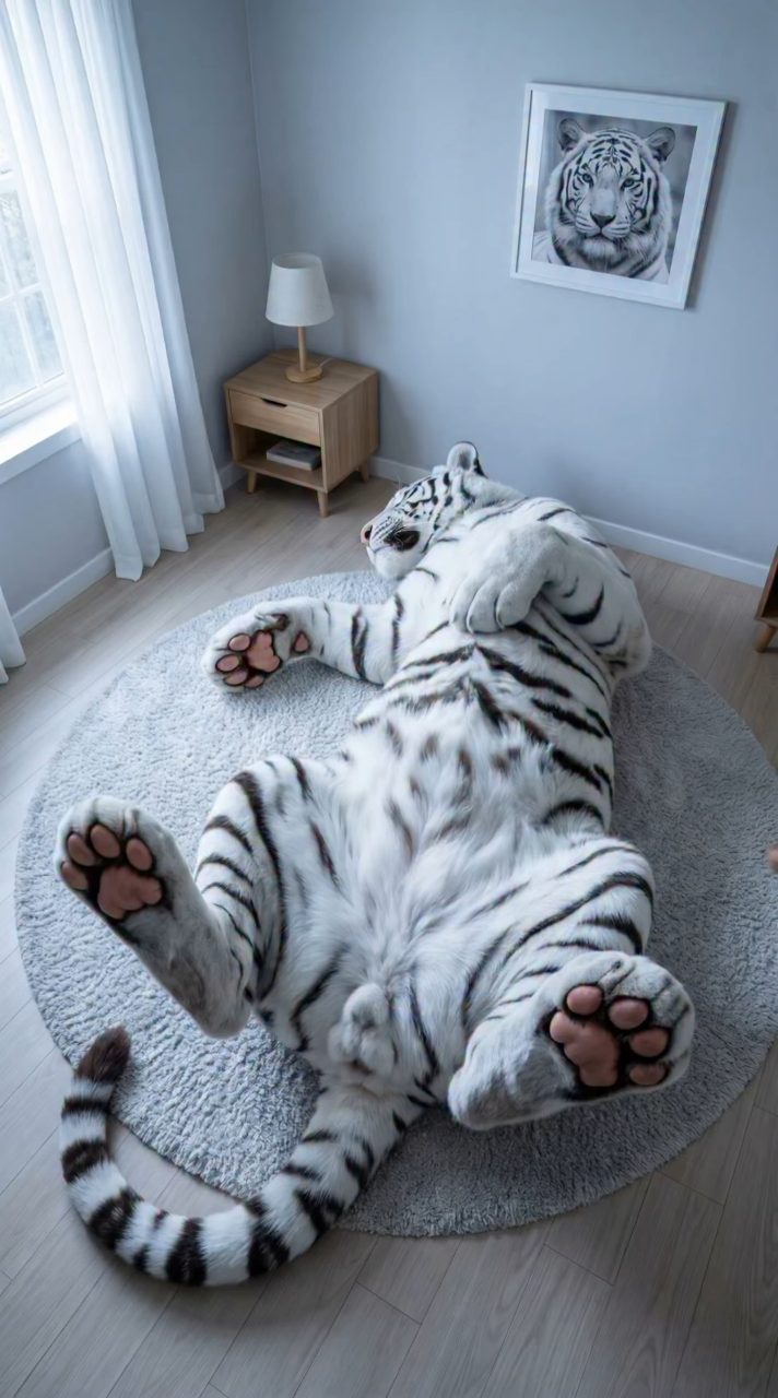 Giant Fluffy Tiger Cuddles Woman