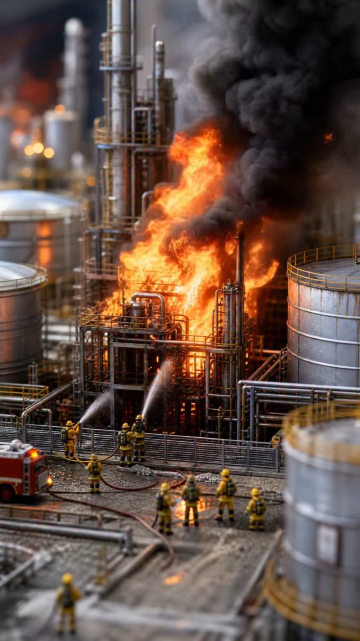 Giant Hand Extinguishes Miniature Refinery Fire