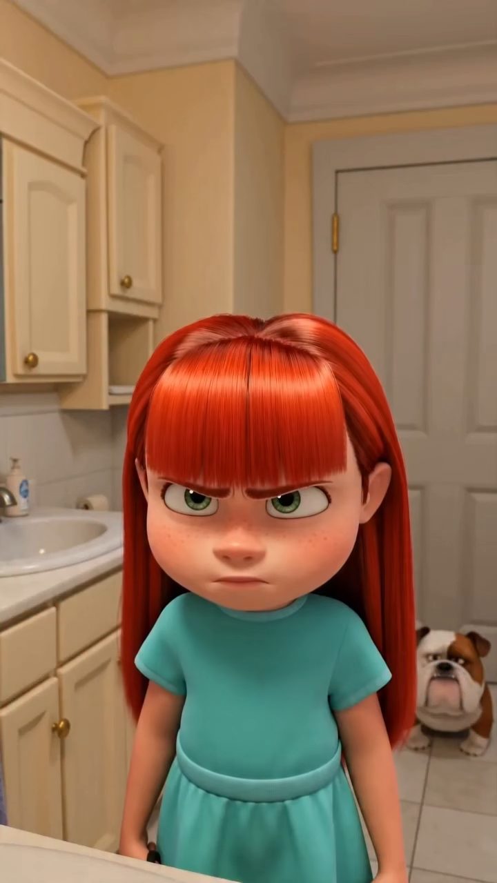 Determined Girl, Scissors, Mirror Stare